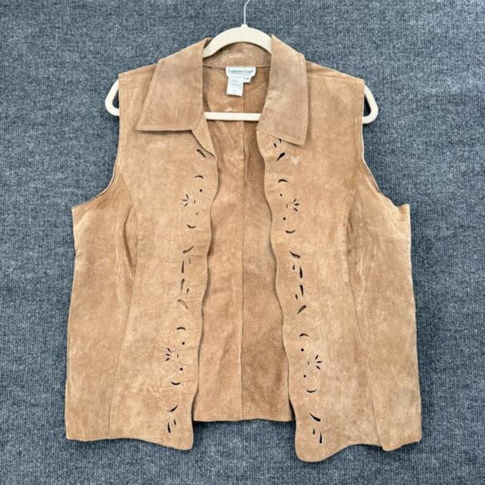 Coldwater Creek Leather Vest Womens M Tan Suede Laser Cut Festival Cowboy Boho